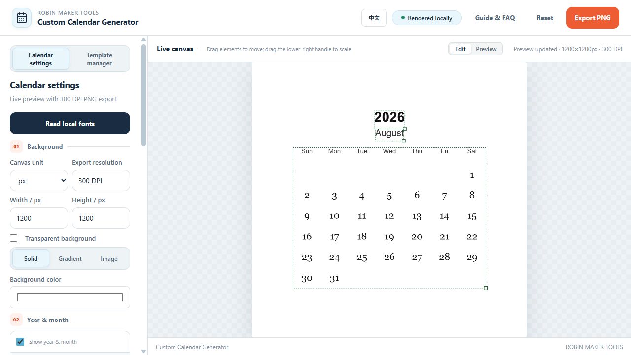 Calendar canvas controls showing pixel and millimeter units