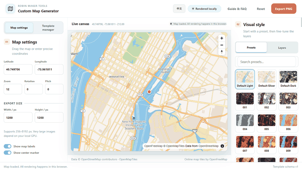 Custom Map controls for location and export dimensions