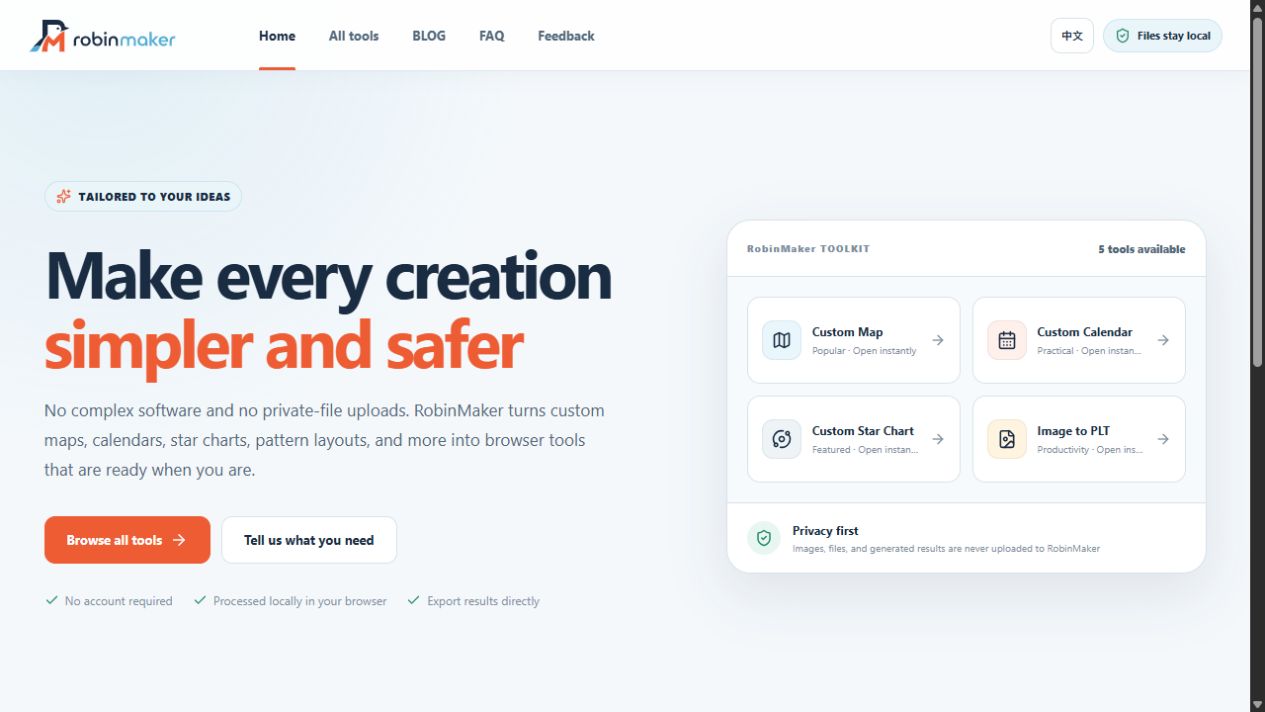 RobinMaker portal showing the available creative tools