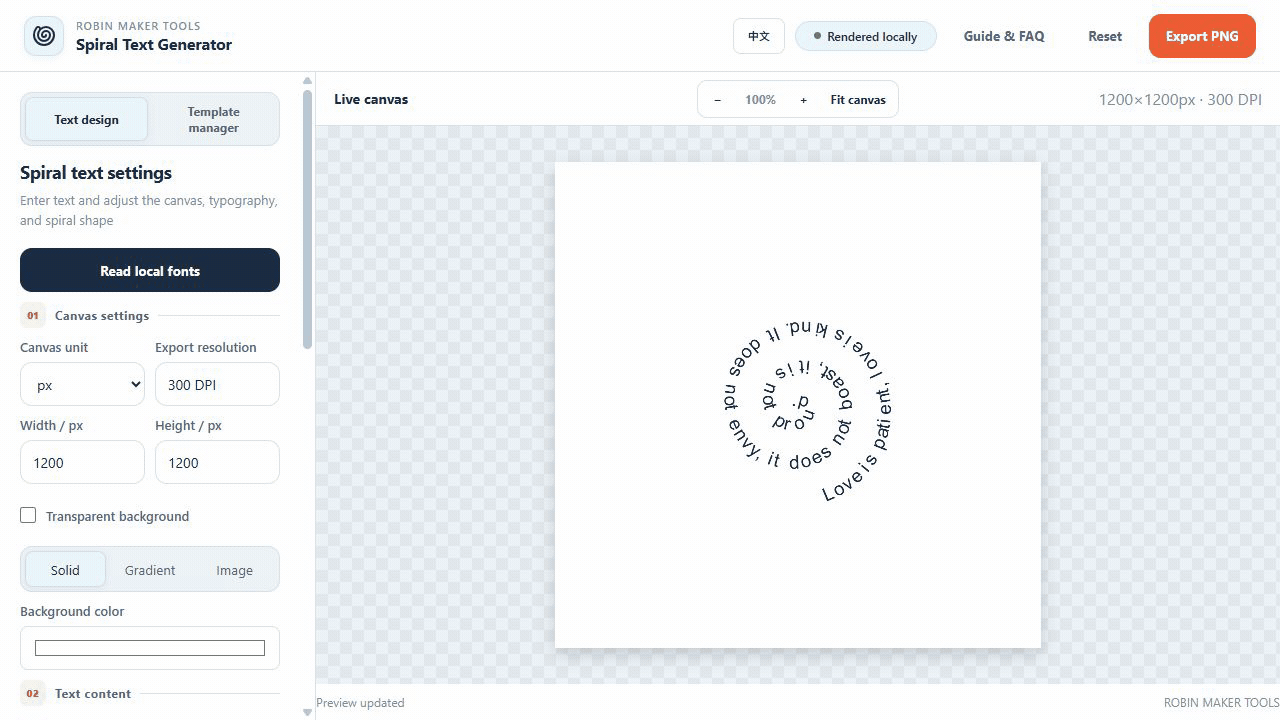 Printable spiral typography preview on a square canvas