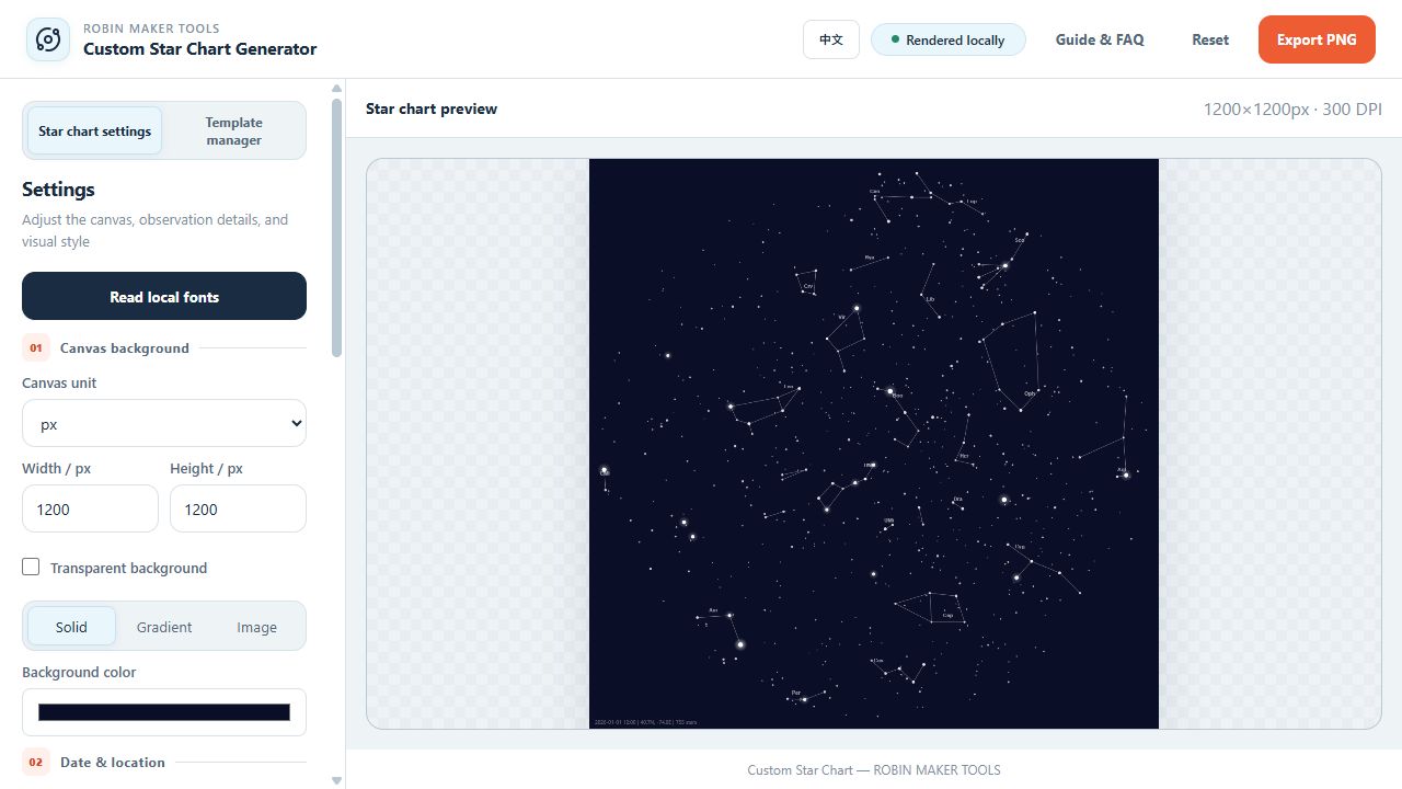 Star chart date, time, and location settings